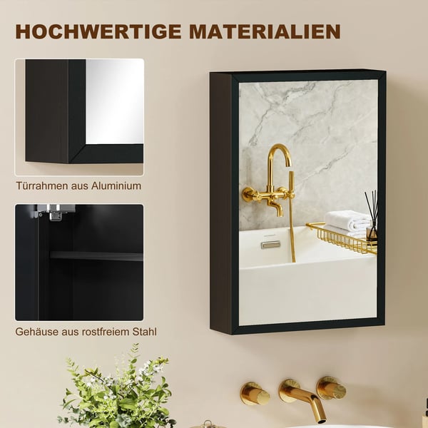 spejlskab, badeværelsesskab med 3 hylder, medicinskab, hængeskab til soveværelse, sort, 40 x 12 x 60 cm