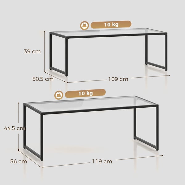 Sofaborde 2 stk. Sidebord, Glasbord m. Sorte Stålben, 119 x 56 x 44,5 cm