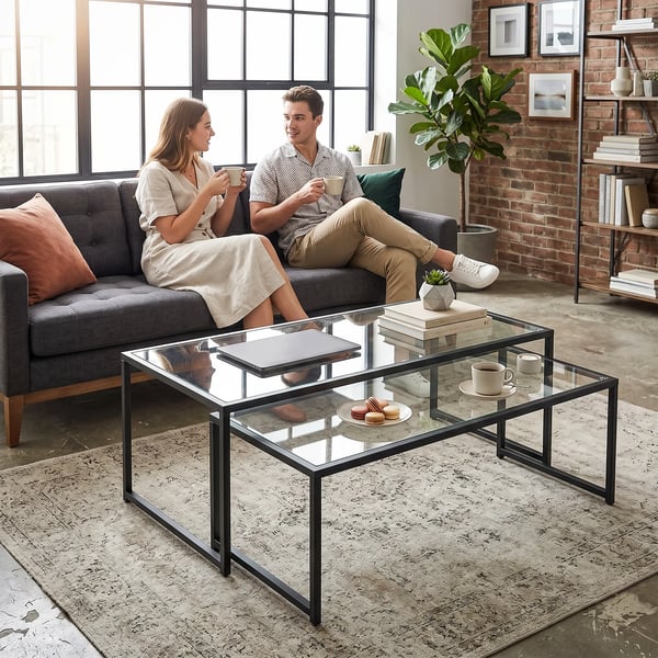 Sofaborde 2 stk. Sidebord, Glasbord m. Sorte Stålben, 119 x 56 x 44,5 cm