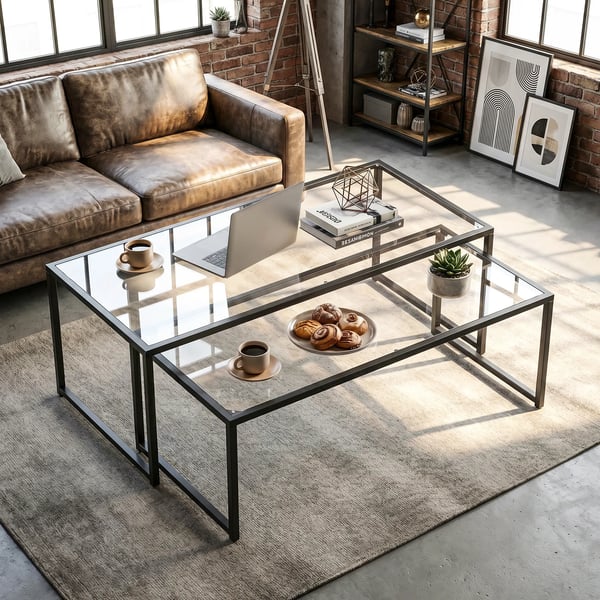 Sofaborde 2 stk. Sidebord, Glasbord m. Sorte Stålben, 119 x 56 x 44,5 cm