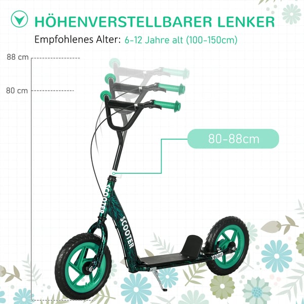Børneløbehjul, højdejusterbart løbehjul til børn, med bremse, støtteben, 2 hjul, stål, grøn