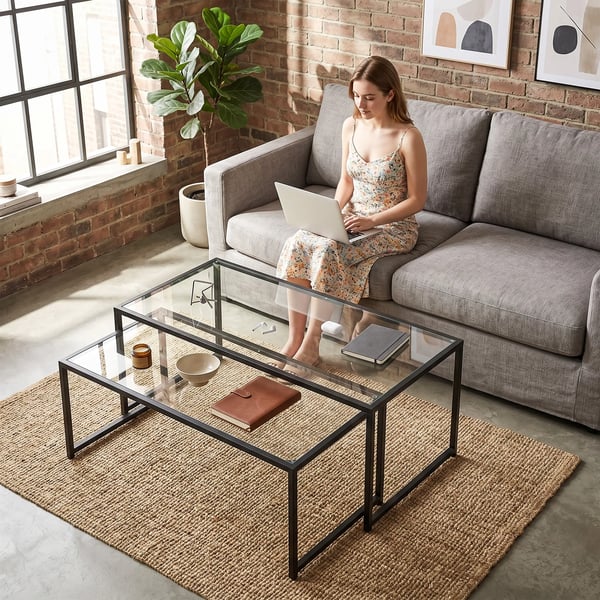 Sofaborde 2 stk. Sidebord, Glasbord m. Sorte Stålben, 119 x 56 x 44,5 cm