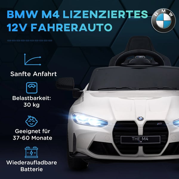 BMW M4 lasten sähköauto, 12V, valkoinen, kaukosäätimellä, LED, MP3, jousitus