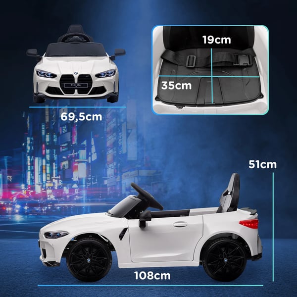 BMW M4 lasten sähköauto, 12V, valkoinen, kaukosäätimellä, LED, MP3, jousitus