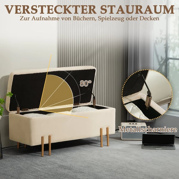 opbevaringsbænk, polstret sofa med fløjlslook, opbevaringskiste med træben, bænk til stue, soveværelse, entré, 100x40x42 cm, beige