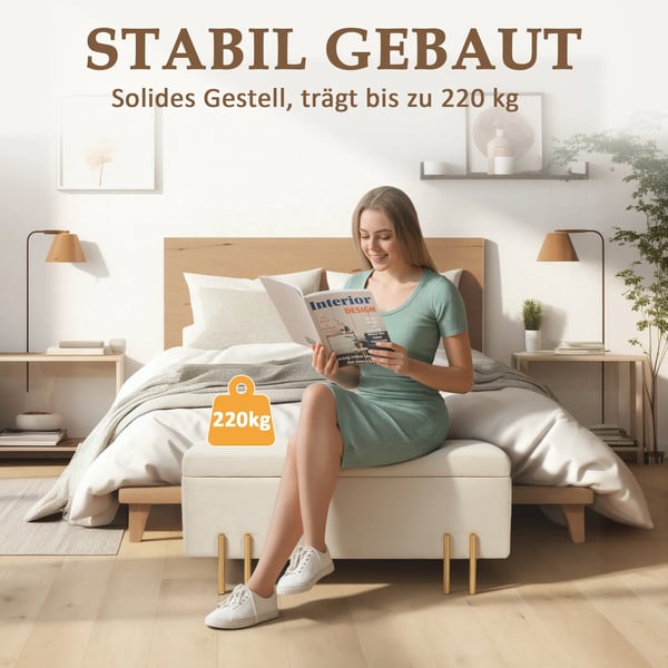 opbevaringsbænk, polstret sofa med fløjlslook, opbevaringskiste med træben, bænk til stue, soveværelse, entré, 100x40x42 cm, beige