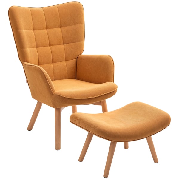 Fåtölj med fotpall, öronlappsfåtölj med högt ryggstöd, träben, loungestol med tuftad design, manchesterlook, för vardagsrum, brun