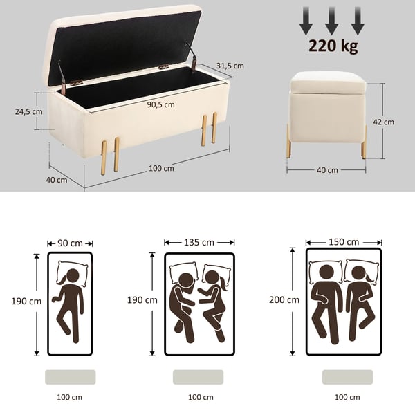 opbevaringsbænk, polstret sofa med fløjlslook, opbevaringskiste med træben, bænk til stue, soveværelse, entré, 100x40x42 cm, beige
