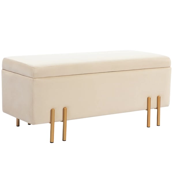 opbevaringsbænk, polstret sofa med fløjlslook, opbevaringskiste med træben, bænk til stue, soveværelse, entré, 100x40x42 cm, beige