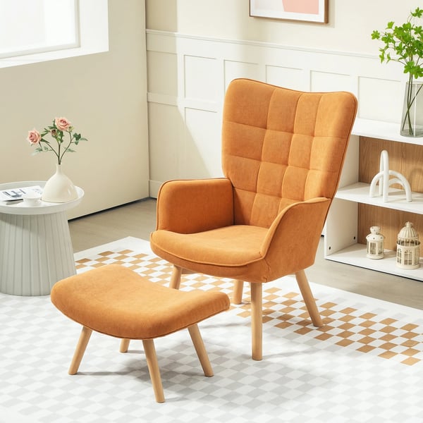 Fåtölj med fotpall, öronlappsfåtölj med högt ryggstöd, träben, loungestol med tuftad design, manchesterlook, för vardagsrum, brun