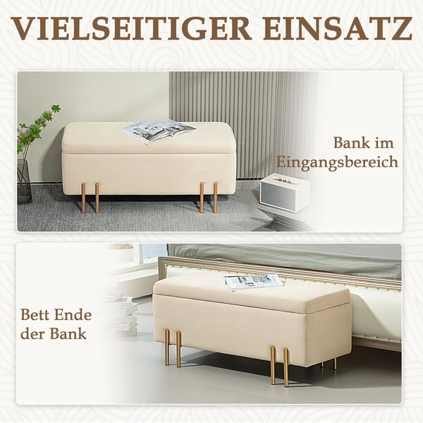opbevaringsbænk, polstret sofa med fløjlslook, opbevaringskiste med træben, bænk til stue, soveværelse, entré, 100x40x42 cm, beige