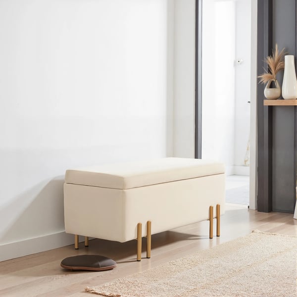 opbevaringsbænk, polstret sofa med fløjlslook, opbevaringskiste med træben, bænk til stue, soveværelse, entré, 100x40x42 cm, beige