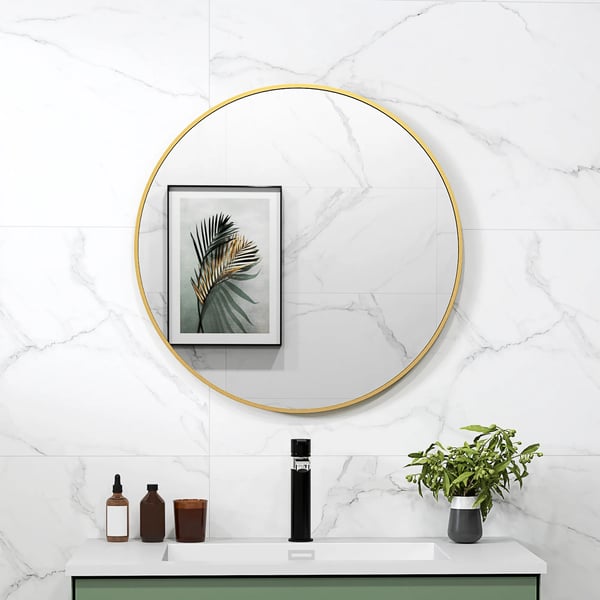 Runde Spejl til Badeværelset, 70 cm, Guldfarvet Ramme, Vægmontering, Metal/Glas