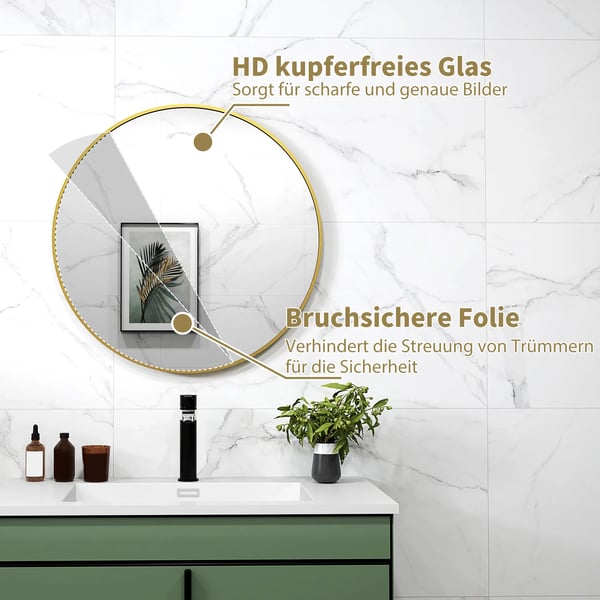 Runde Spejl til Badeværelset, 70 cm, Guldfarvet Ramme, Vægmontering, Metal/Glas