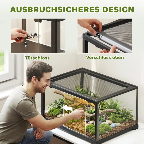 Reptil-terrarium med skydedør, aflåseligt vivarium, 86L, 60 x 45 x 32 cm, sort