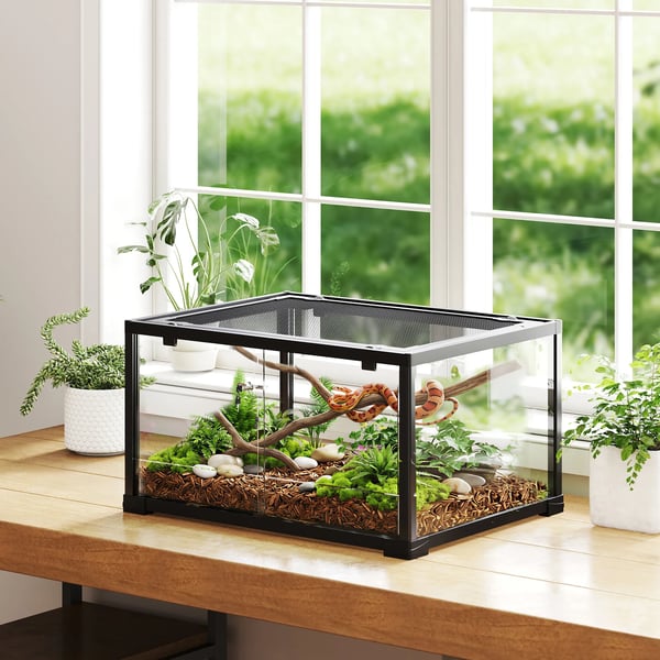 Reptil-terrarium med skydedør, aflåseligt vivarium, 86L, 60 x 45 x 32 cm, sort