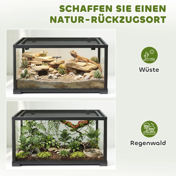 Reptil-terrarium med skydedør, aflåseligt vivarium, 86L, 60 x 45 x 32 cm, sort