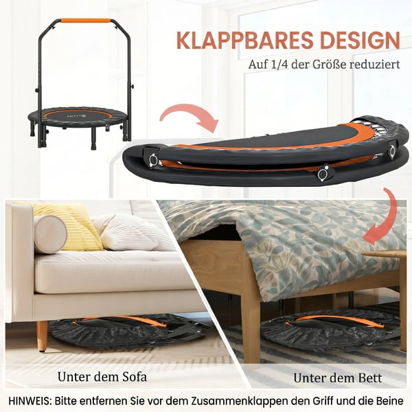 kuntotrampoliini, kokoontaitettava minitrampoliini, säädettävä kahva, teräs/muovi, musta, 102 cm
