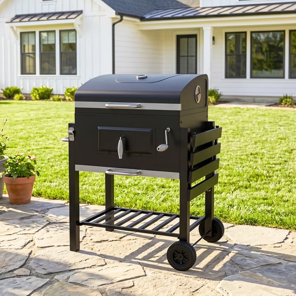 grillivaunu, hiiligrilli, BBQ-seisontagrilli, ruostumaton teräs, musta, 113x65x108 cm