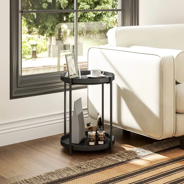 Sidebord, rundt spisebord med 2 hylder, stue, soveværelse, 44x44x56 cm, stål, sort