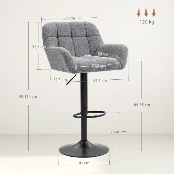 Barstole, 2 stk., Hjdejusterbar, Fleece-look, Grå+Sort