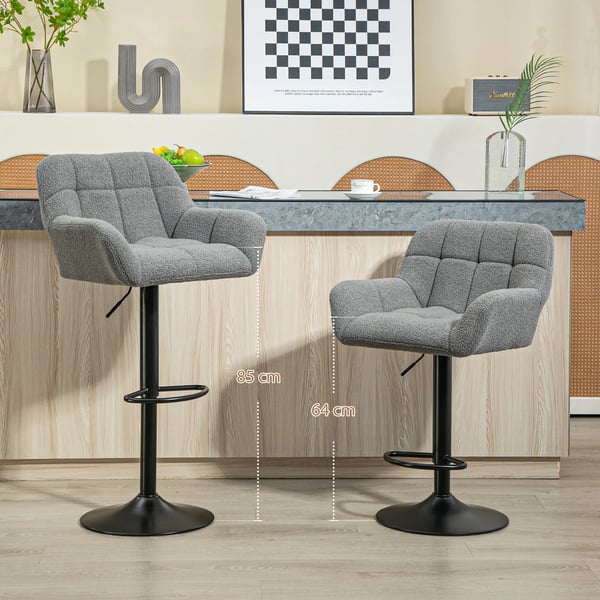 Barstole, 2 stk., Hjdejusterbar, Fleece-look, Grå+Sort