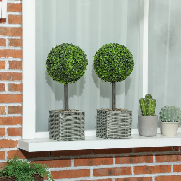 2-pack konstgjorda buxbomväxter, 50cm, UV-beständiga, inomhus/utomhus, grön plast och cement