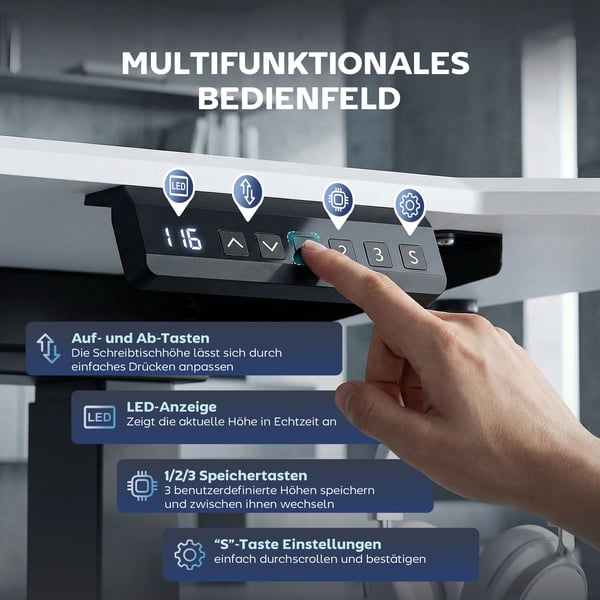 Elektriskt höjdjusterbart skrivbordsstativ med 2 motorer, 3 minnen, antikollision, svart, 83-130cm bredd, 70-118cm höjd, stålram