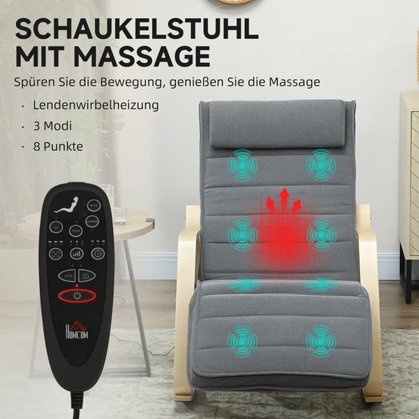 gyngestol med massagefunktion, lændevarme, 3 tilstande, stofbetræk, grå