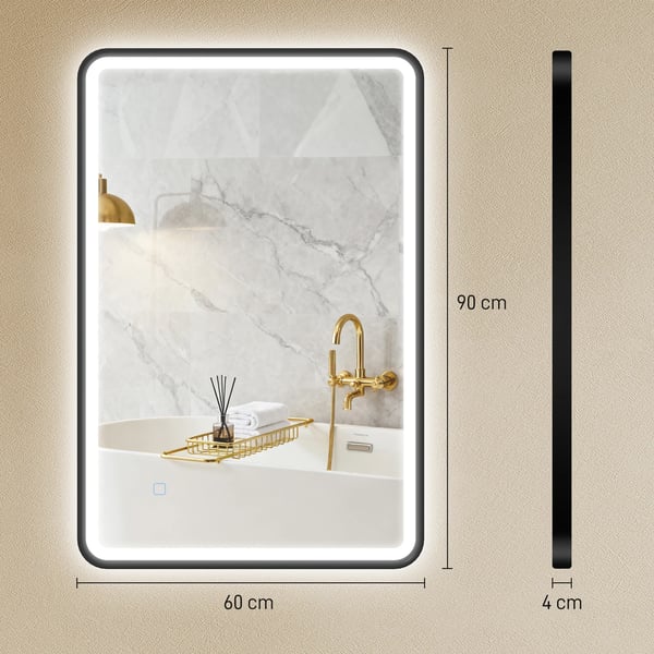Svart LED-badrumsspegel 90x60 cm, dimbar med 3 färgtemperaturer, anti-dim, IP44, härdat glas