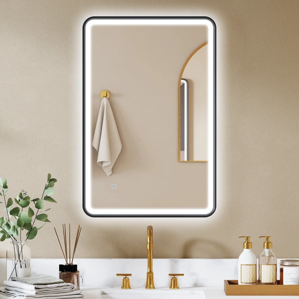 Svart LED-badrumsspegel 90x60 cm, dimbar med 3 färgtemperaturer, anti-dim, IP44, härdat glas