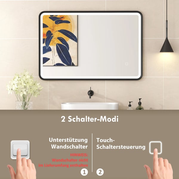 Svart LED-badrumsspegel 90x60 cm, dimbar med 3 färgtemperaturer, anti-dim, IP44, härdat glas