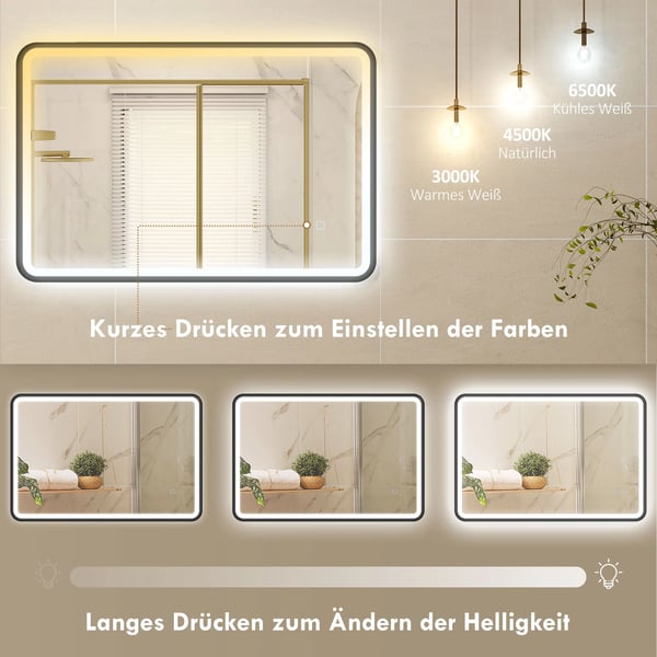 Svart LED-badrumsspegel 90x60 cm, dimbar med 3 färgtemperaturer, anti-dim, IP44, härdat glas