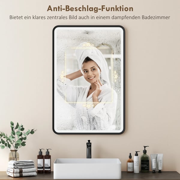 Svart LED-badrumsspegel 90x60 cm, dimbar med 3 färgtemperaturer, anti-dim, IP44, härdat glas