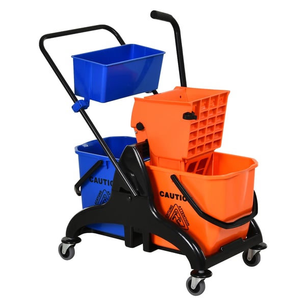 rengøringsvogn, professionel rengøringsvogn med presse, 2 spande + opbevaring, orange/blå