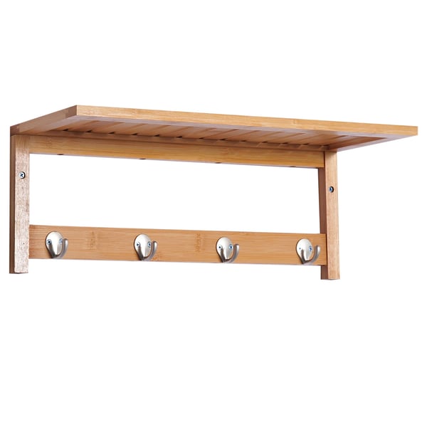 Klädhängare väggmonterad med hylla och 4 krokar, naturträ/bambu, 50x16x17.5cm