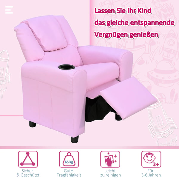 Barnsoffa med liggfunktion Barnfåtölj 3-6 år Rosa Mugghållare 62x56x69cm
