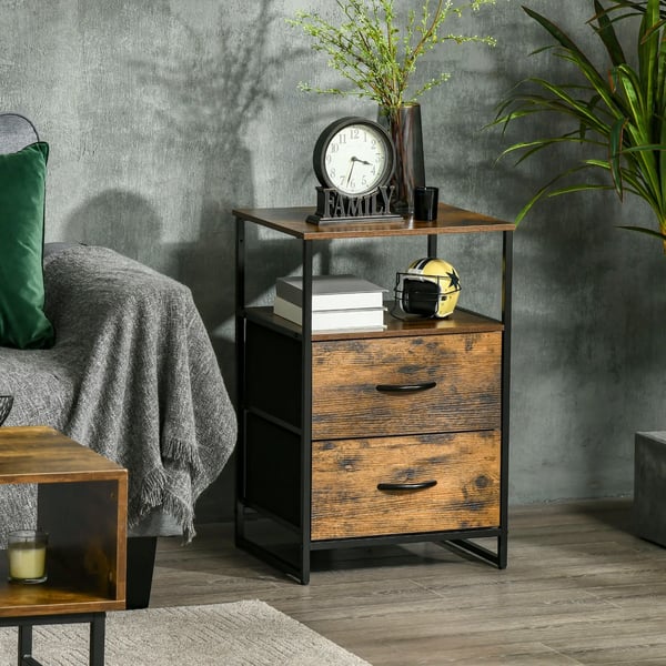 kommode, opbevaringsskab med foldbare stofskuffer, reol i industriel stil, sidebord til stuen, rustik brun