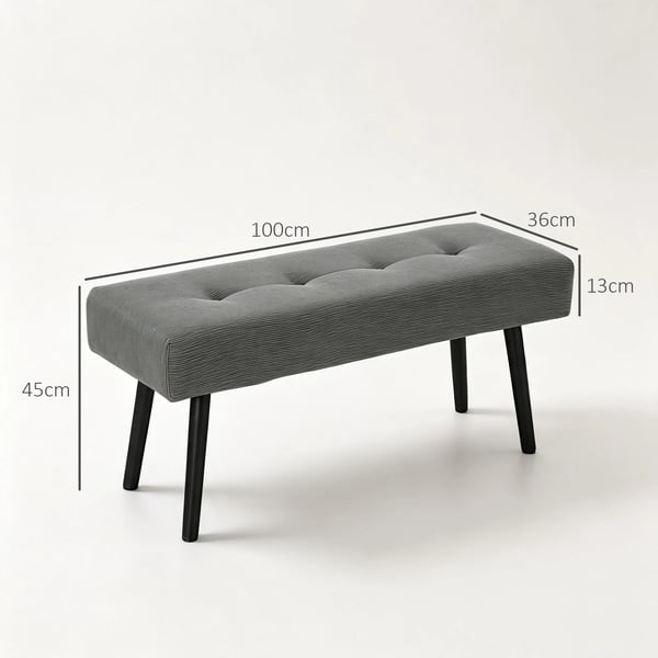 Bänk i Manchestergrå, vadderad, med metallben och tuftad design, 100x36x45 cm