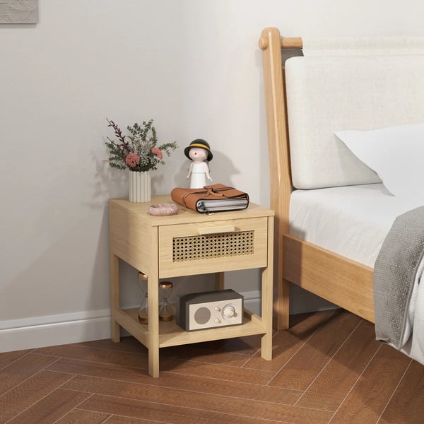 natbord sengebord sidebord, naturligt natbord med skuffe og åben hylde, rattan-design, natur, 40 x 40 x 48,4 cm