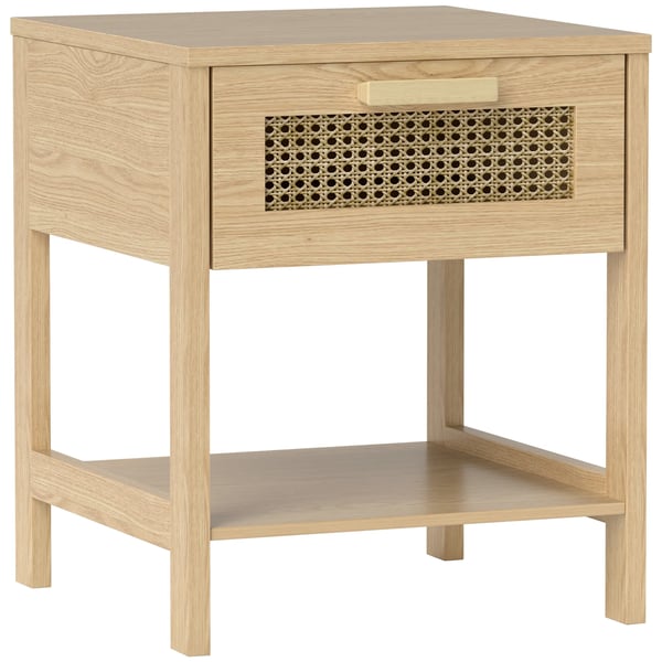 natbord sengebord sidebord, naturligt natbord med skuffe og åben hylde, rattan-design, natur, 40 x 40 x 48,4 cm
