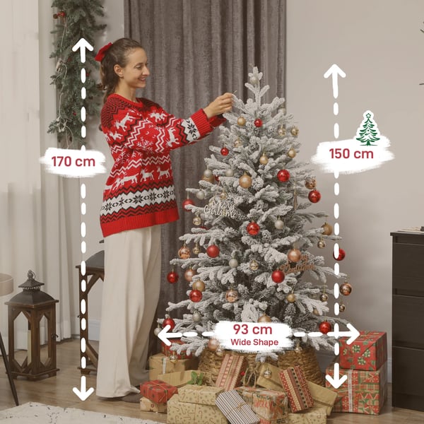 Joulukuusi 150 cm, Lumipeitteinen Mänty, 1162 oksaa, metallijalusta, vihreä/valkoinen