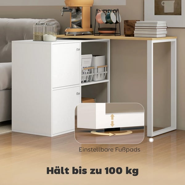 L-formet drejeligt hjørneskrivebord med 2 skabe og 2 hylder, hvidt træmateriale, 105x85x75 cm