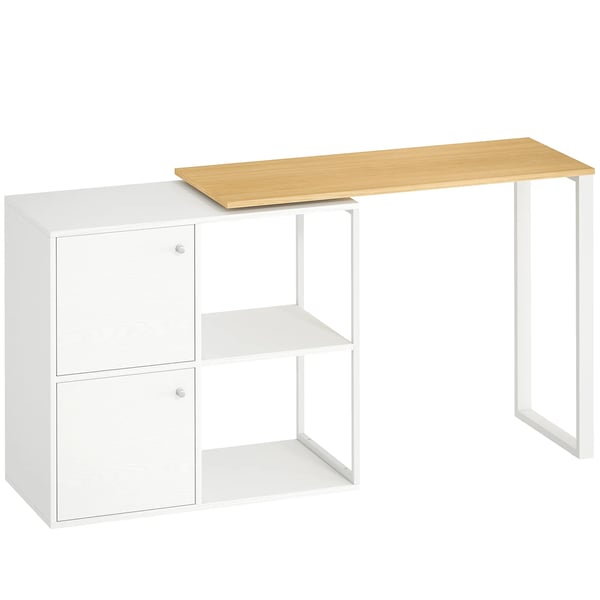 L-formet drejeligt hjørneskrivebord med 2 skabe og 2 hylder, hvidt træmateriale, 105x85x75 cm