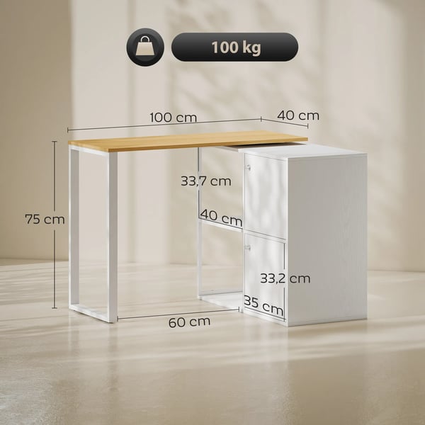 L-formet drejeligt hjørneskrivebord med 2 skabe og 2 hylder, hvidt træmateriale, 105x85x75 cm