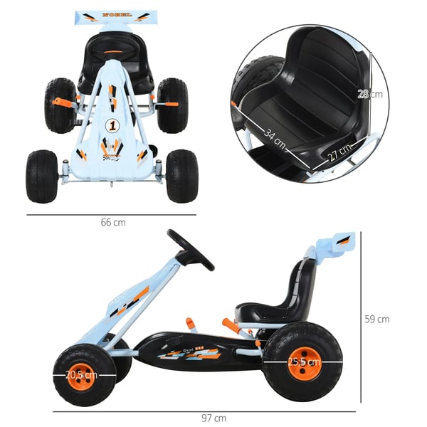 Gokart med pedal-drevet, stålkonstruktion, justerbart sæde, til børn 3-6 år, lyseblå