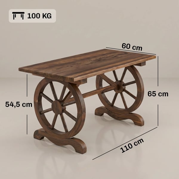 havebord, massivt træ, altanbord, træbord, hjulformet, vejrbestandig, natur, 113 x B60 x H65 cm