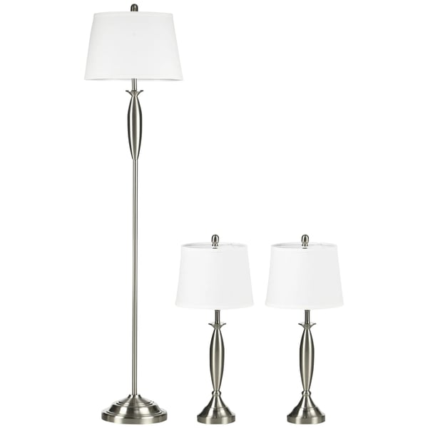 3-delt lampe sæt: Gulvlampe og 2 bordlamper, E27, stue/soveværelse, sølv+hvid, stål/linned