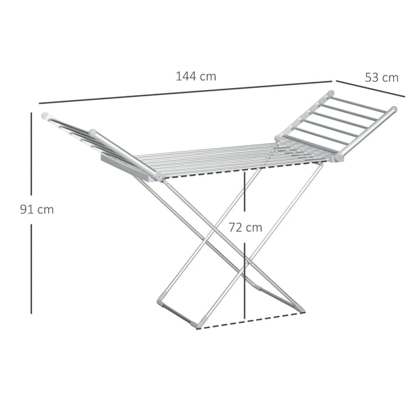 Sähköinen vaatehevonen Lämmitettävä vaatehevonen Taitettava vaatteiden kuivausrumpu Säädettävä lämpötila Alumiini 144 x 53 x 91 cm
