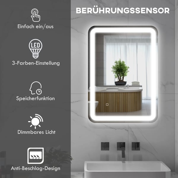 Badeværelsesspejl 50x70 cm LED med touch-kontakt og anti-dug, sølv/hærdet glas